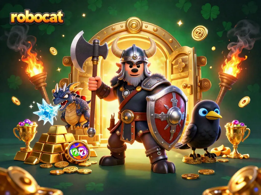 Robocat engages players with thrilling slot reels and treasure in an exciting casino scene.