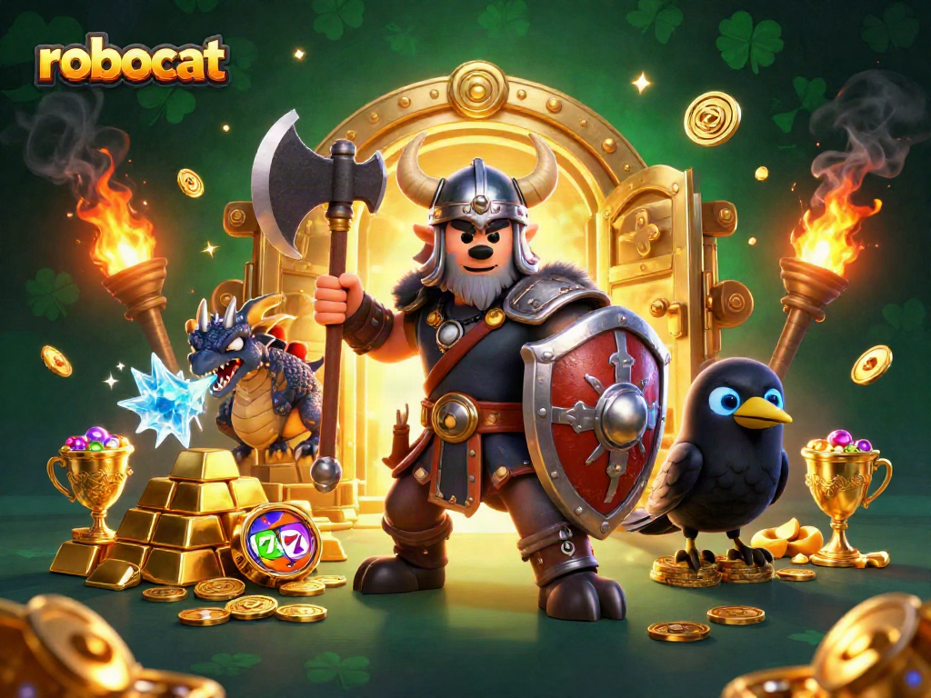 Robocat engages players with thrilling slot reels and treasure in an exciting casino scene.