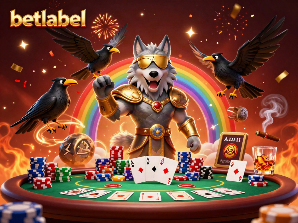 Experience exciting gameplay with betlabel featuring a mythical wolf, poker elements, and festive confetti.
