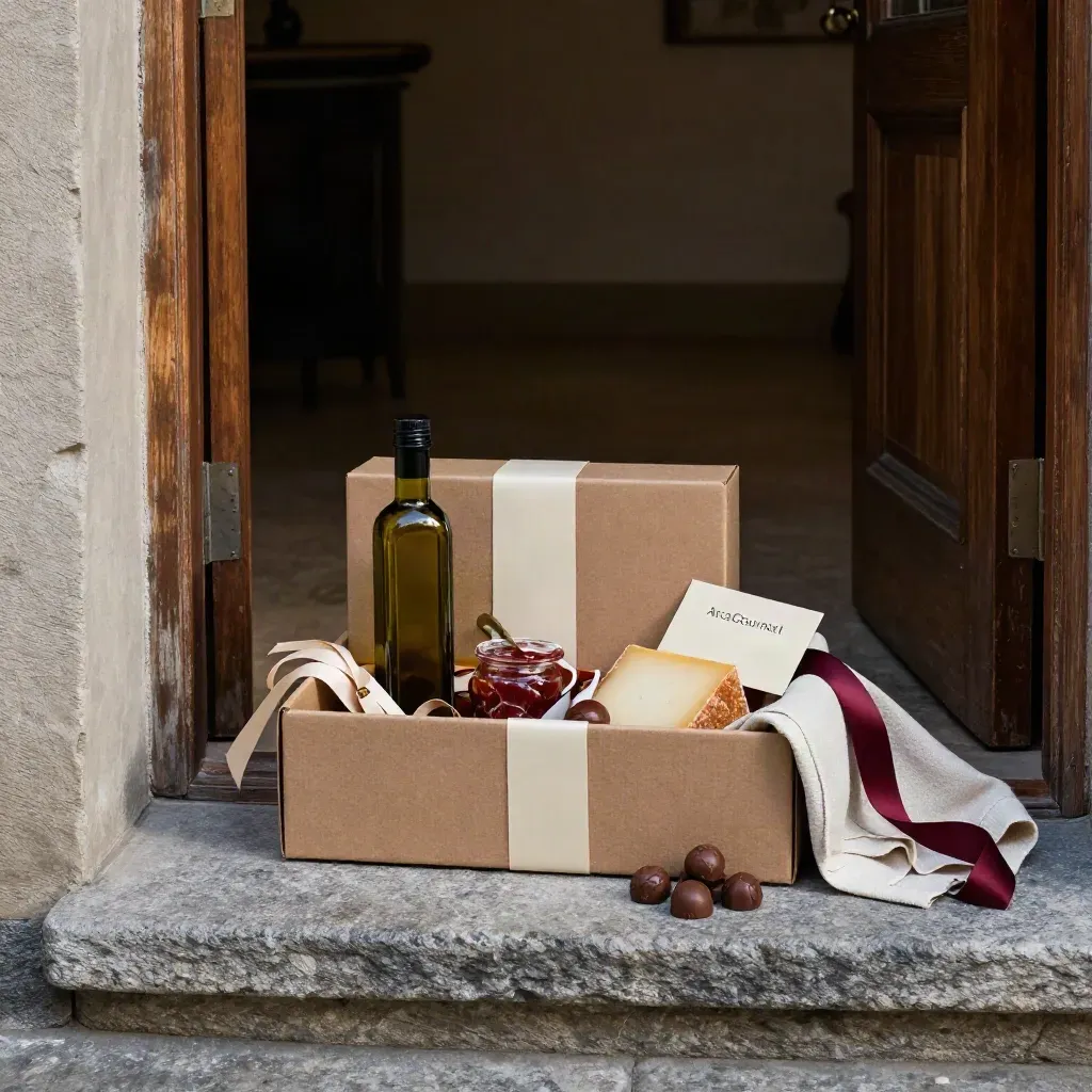 Cesta regalo gourmet con aceite, jamón, queso y bombones en un umbral de piedra