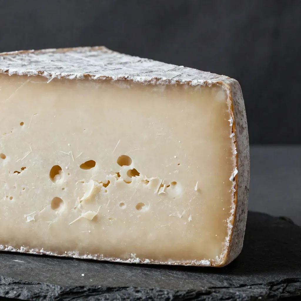 Queso manchego curado en macro, con corteza rústica, corte fino y polvo de queso sobre fondo oscuro.
