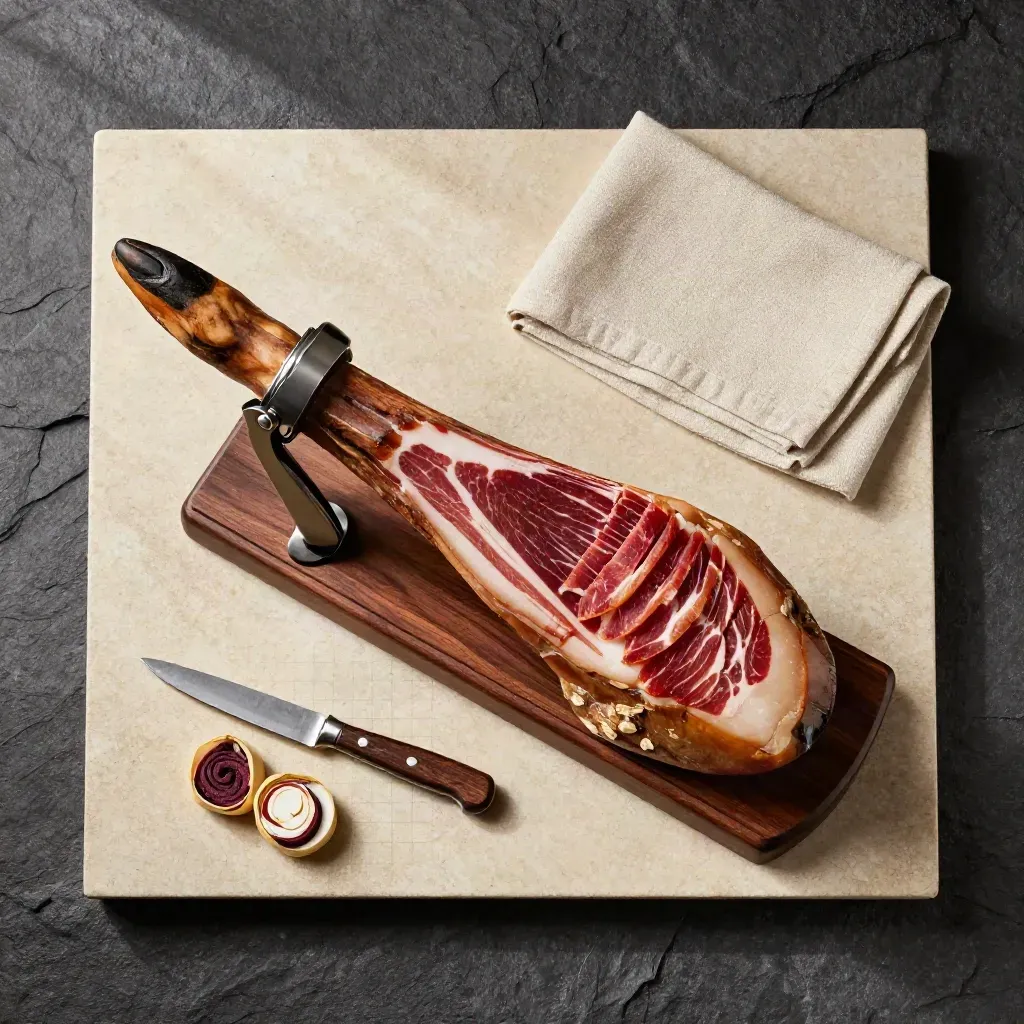 Jamón ibérico sobre cuna de corte, lonchas y lino en vista cenital.