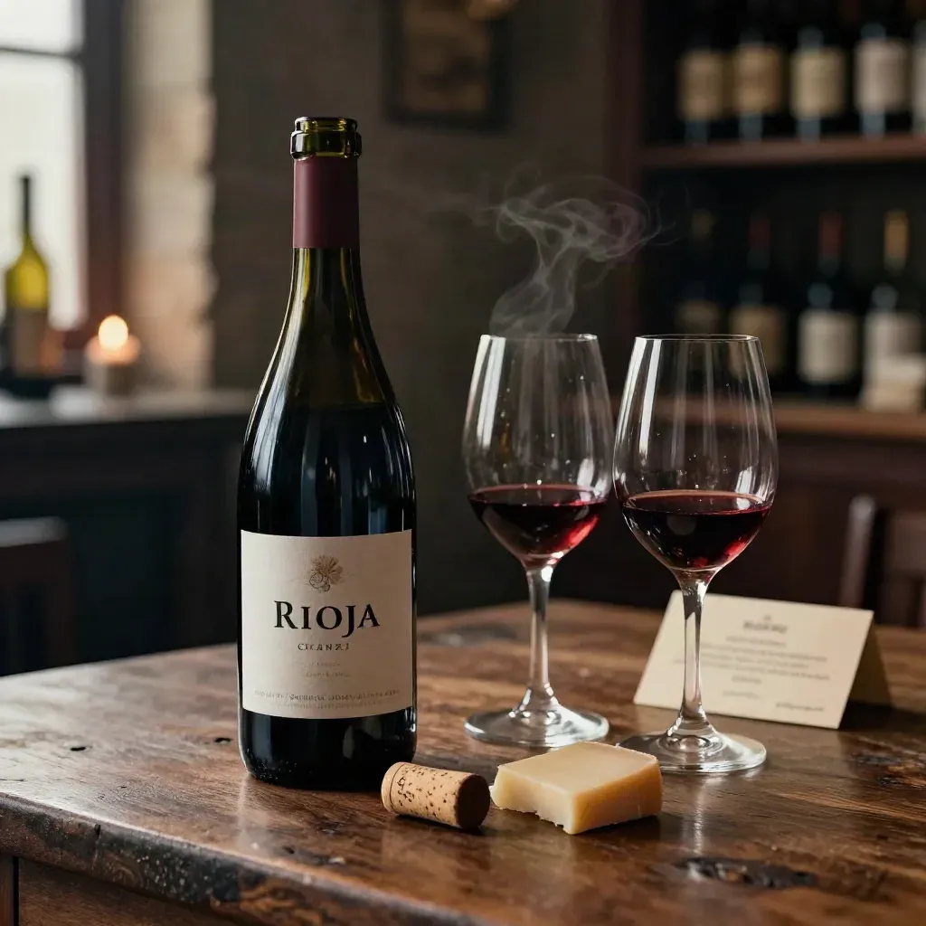 Botella de Rioja Crianza y dos copas con corcho y queso sobre una mesa de nogal cálida.