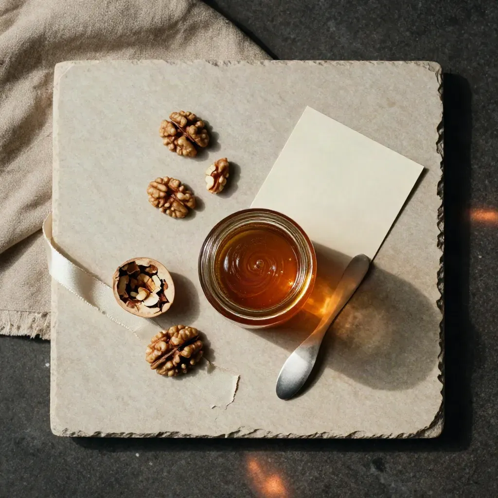 Tarro de miel con nueces, cuchara y cinta crema sobre piedra clara