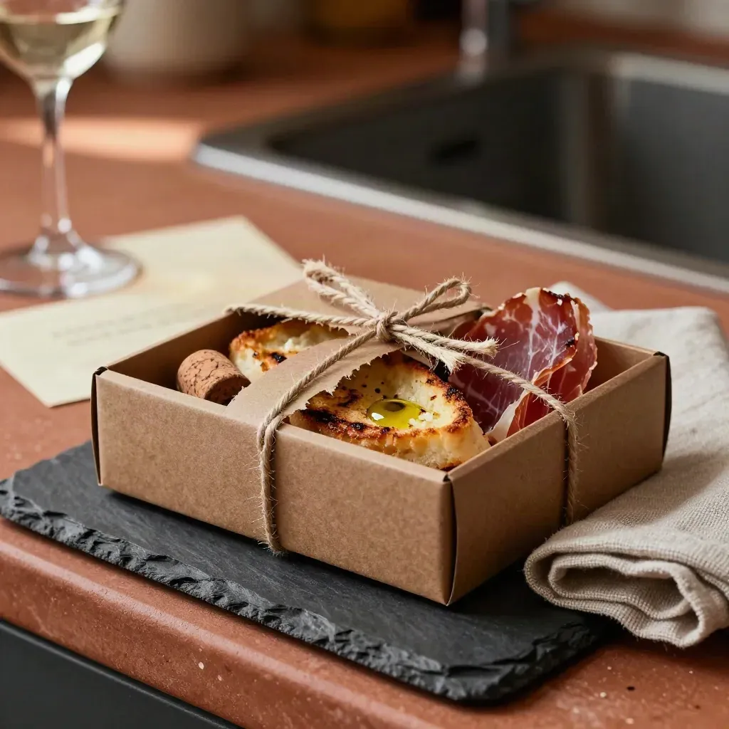 Caja gourmet de tapeo con tostas, vino y picoteo sobre barro terracota, luz cálida.