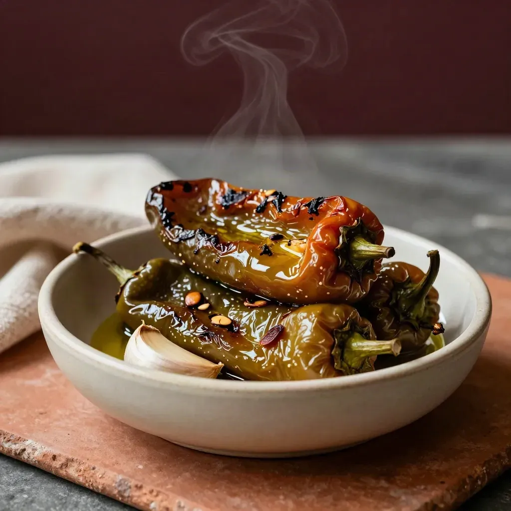 Bowl de cerámica con pimientos del piquillo asados, aceite y ajo sobre piedra cálida