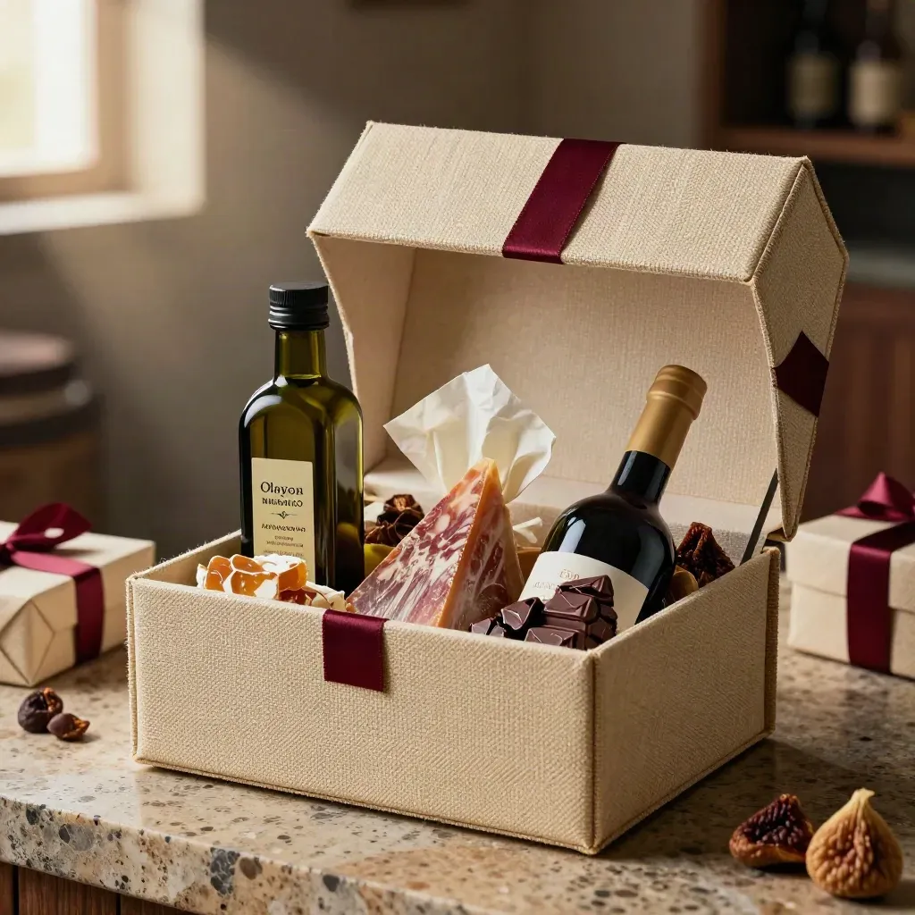 Caja regalo gourmet abierta con aceite, queso, vino y dulces sobre travertino, luz suave y brillo cálido.