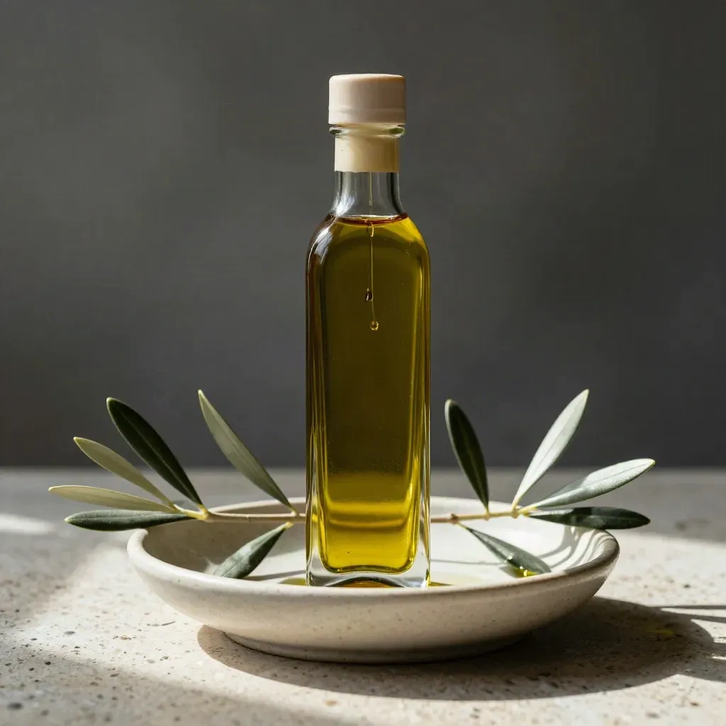 Botella de aceite de oliva arbequina con ramas de olivo y un hilo de vertido en cerámica.