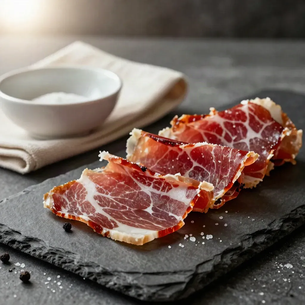 Lomo ibérico loncheado en abanico sobre pizarra oscura con sal gruesa y pimienta.