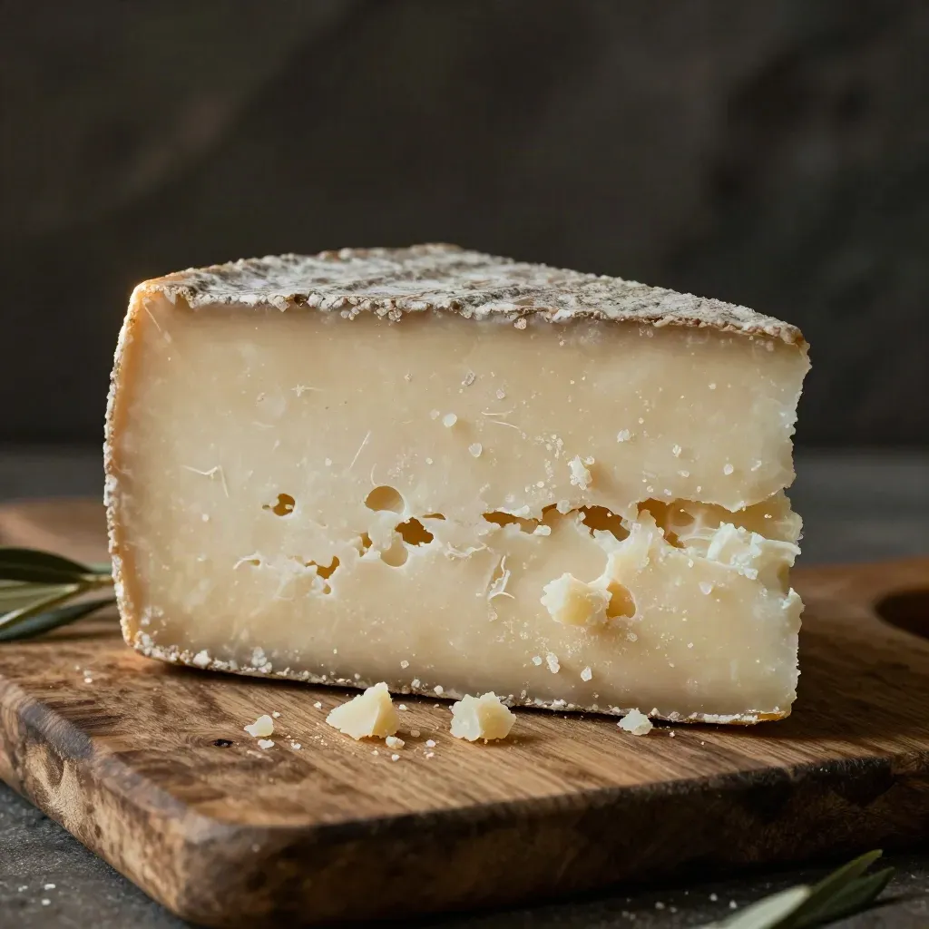 Cuña de queso de oveja añejo con corte cristalino sobre tabla rústica.