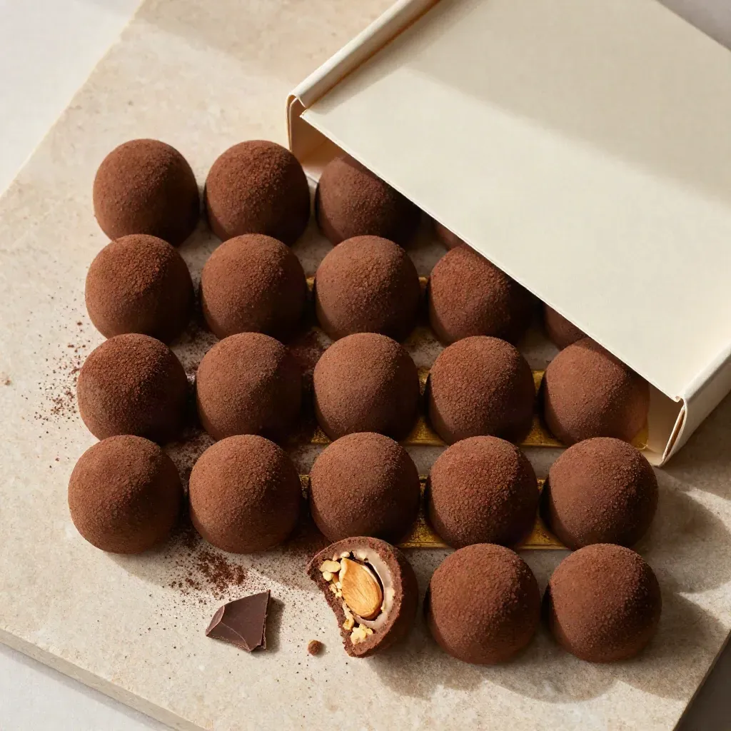 Bombones de almendra en caja abierta con migas de cacao, vista cenital