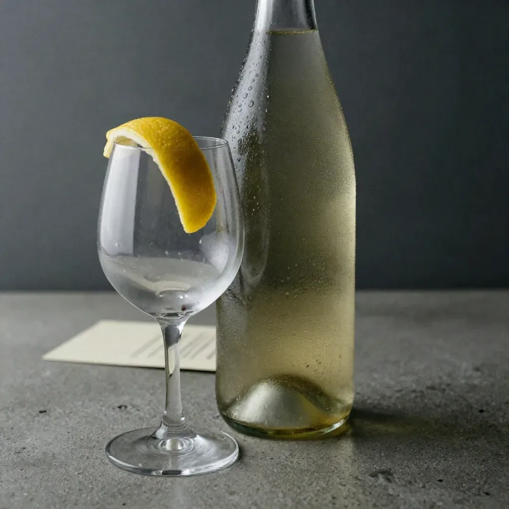 Botella de Albariño con condensación, copa a medio llenar y piel de limón en luz fría.