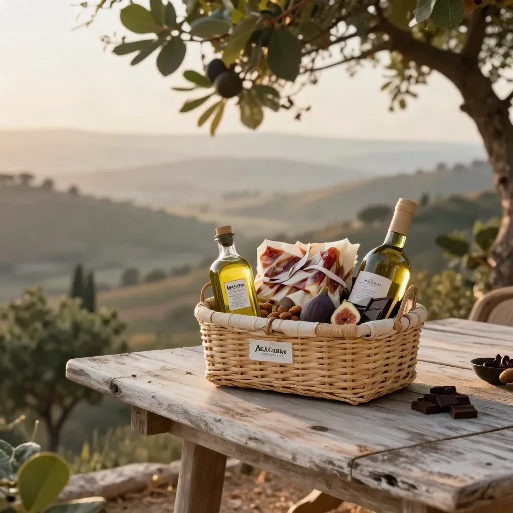 Cesta regalo gourmet sobre terraza rústica entre higueras y colinas al atardecer.