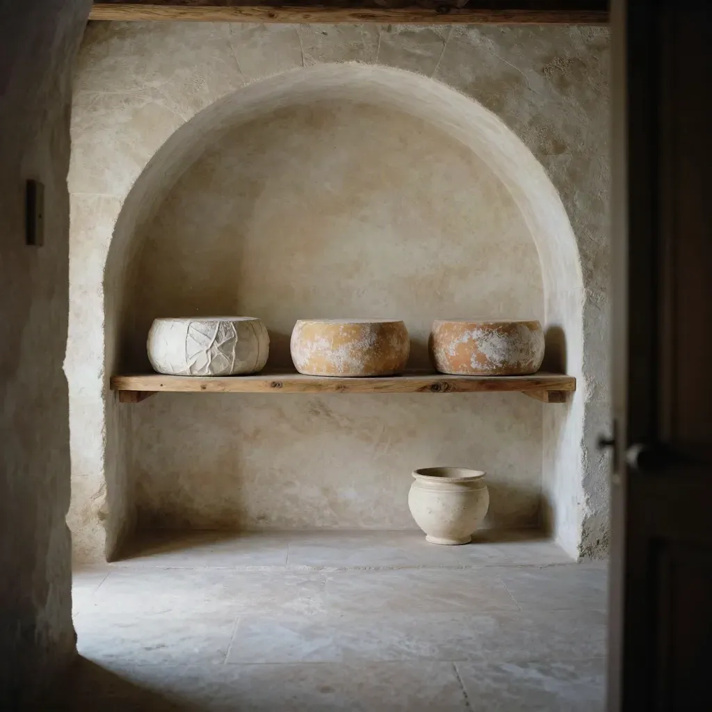 Interior curado de quesos de piedra caliza con arcos y ruedas de queso en estantería alta