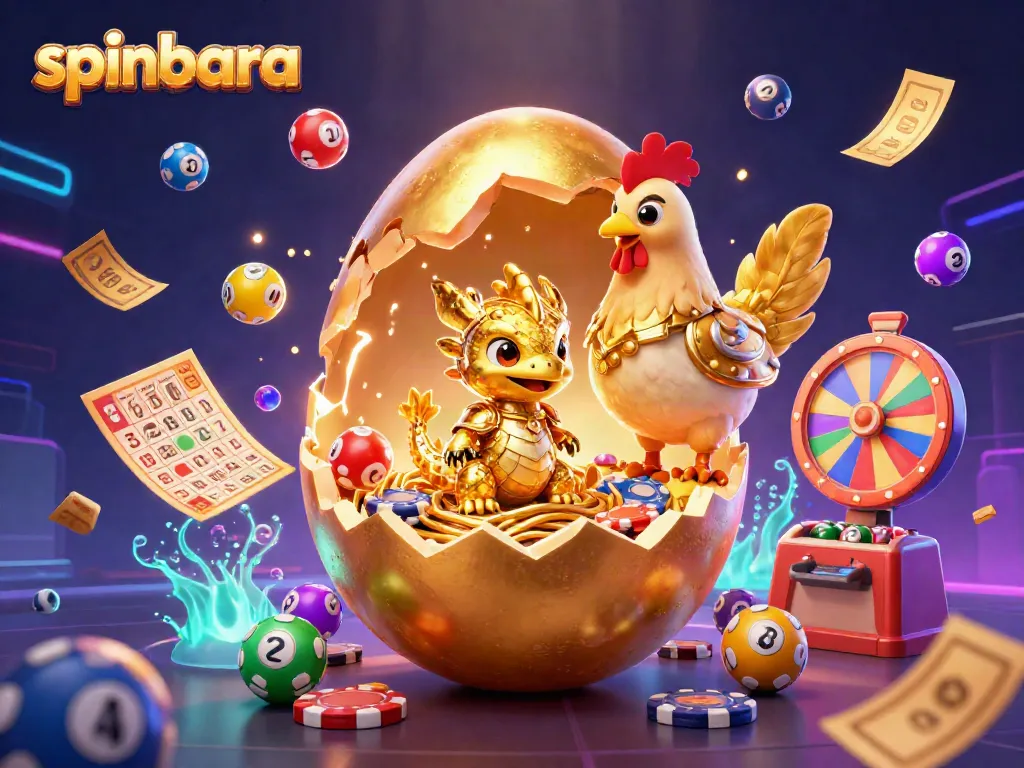 Spinbara online casino illustration showcasing a magical scene with a golden dragon and poker chips.