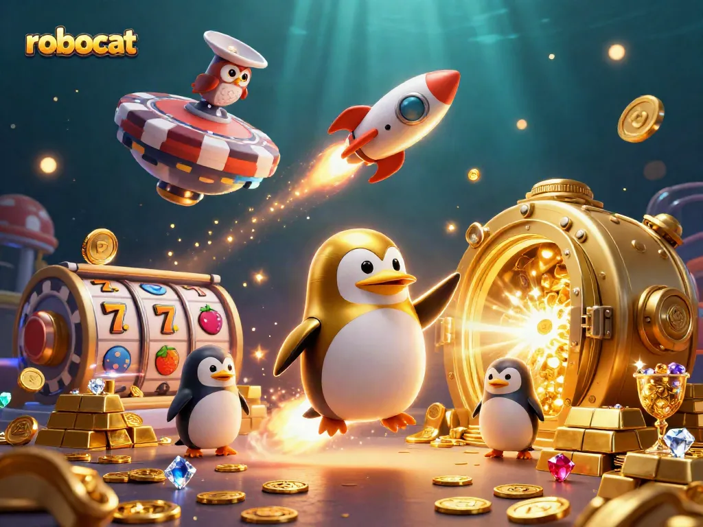 Robocat penguin blasts through space toward a casino space station, vibrant gambling elements scattered.